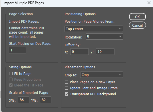 Ventana de importación de páginas de PDF